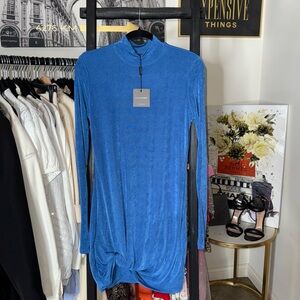 Jluxlabel Jayda Blue Luxe Mock Neck Knot Mini High Neck Dress